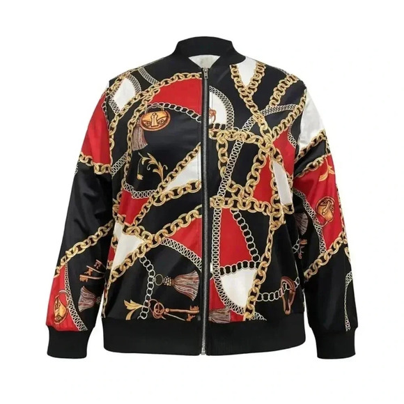 Long Sleeve Slight Chain Print Zipper Jacket (Color: Mixed Colors) - Picture 3 of 3